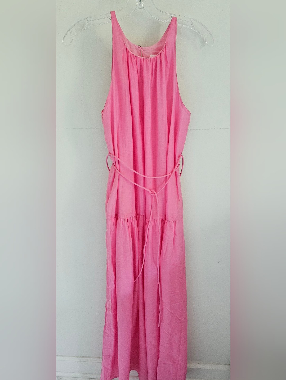 Bird & Knoll Maxi Dress Criss Cross Tie Belt Drop Waist Pink Silk Blend Nwt — image 2 of 8